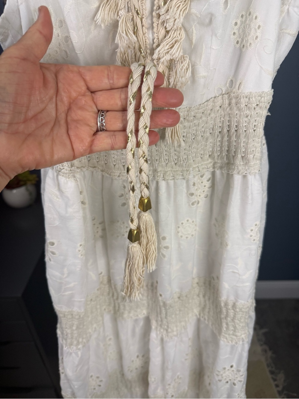 Women’s Cream Eyelet Bohemian Maxi Dress with Crochet  Size: Medium Preloved - Picture 4 of 13